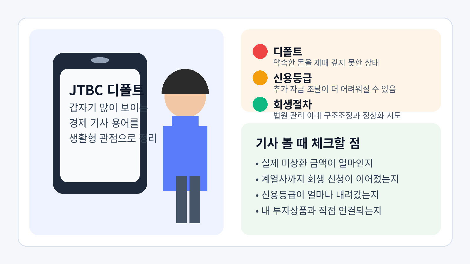 JTBC 디폴트 핵심 용어와 체크 포인트를 정리한 인포그래픽