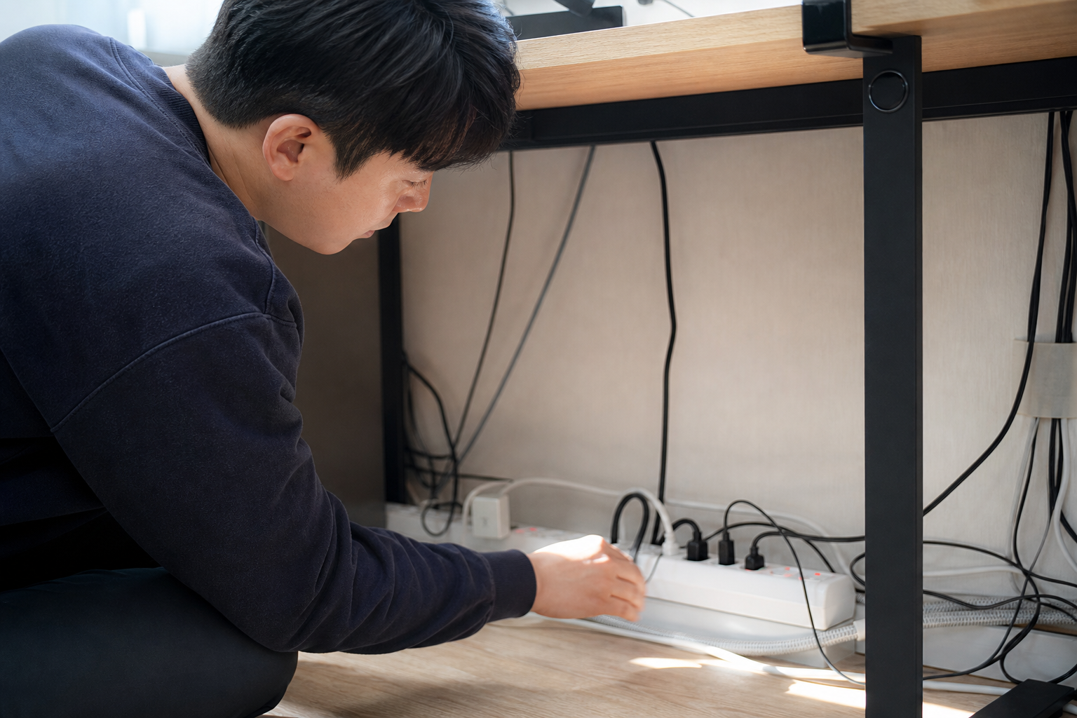 멀티탭 주변 먼지와 케이블 상태를 점검하는 모습