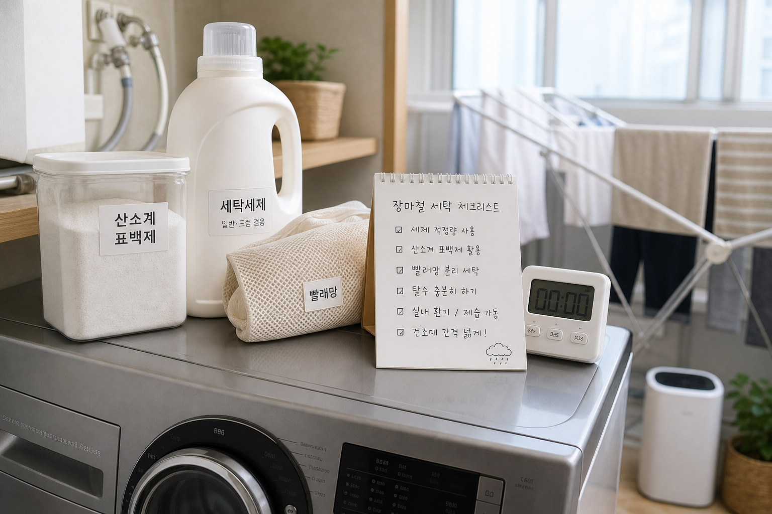 세탁기 주변에 세제와 체크리스트를 정리한 장마철 빨래 관리 장면