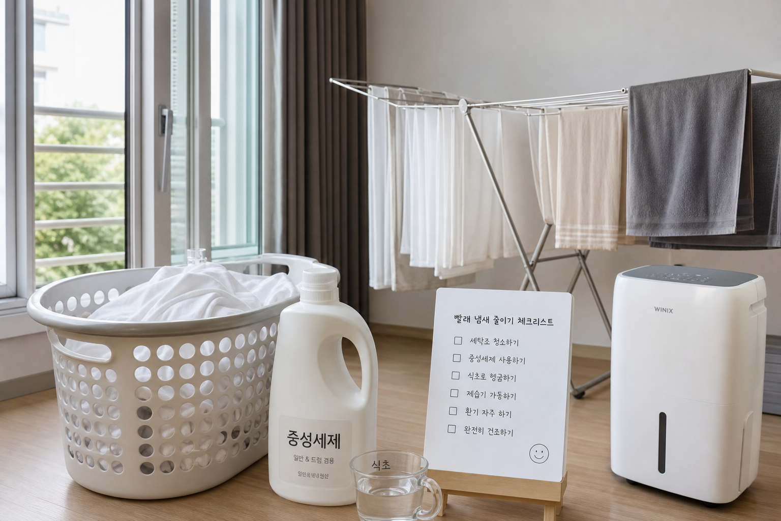 세탁실에서 빨래 냄새를 줄이기 위해 제습기와 세제를 정리한 장면