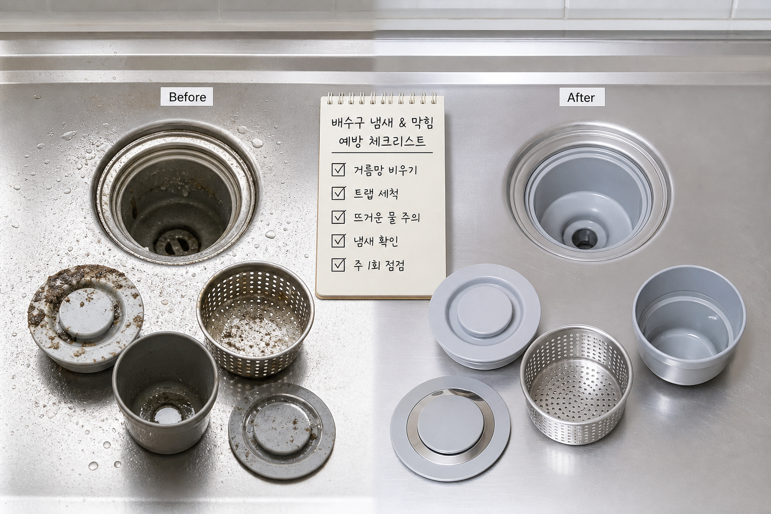 주방 배수구 부품과 체크리스트를 정리한 장면