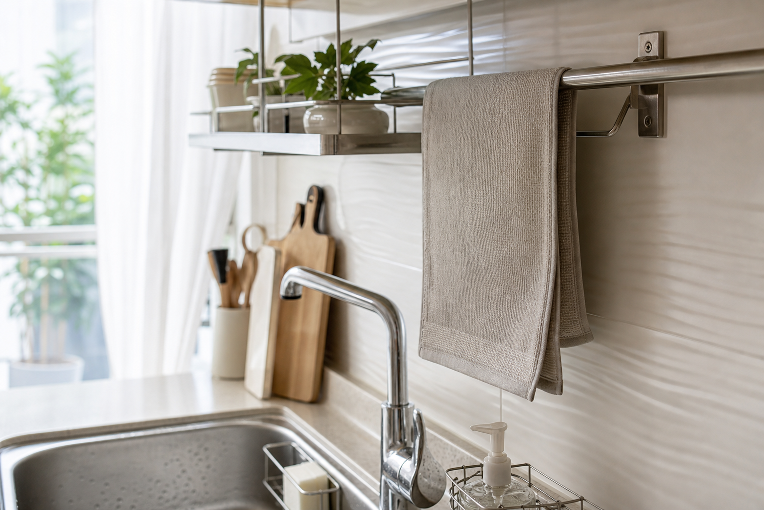 깨끗하게 건조 중인 주방 행주와 싱크대