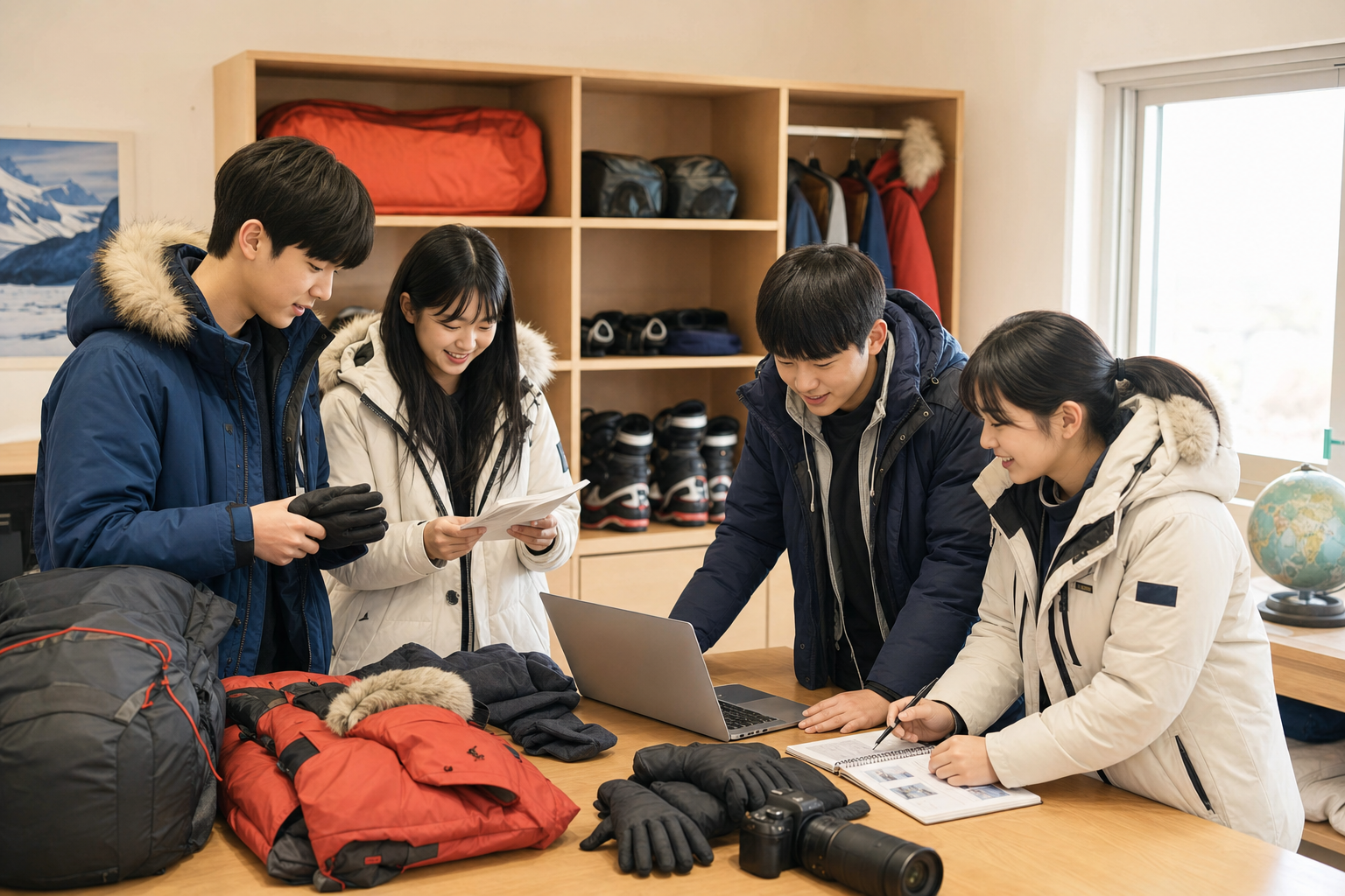 북극 체험단 출발 전 준비물을 점검하는 청소년들