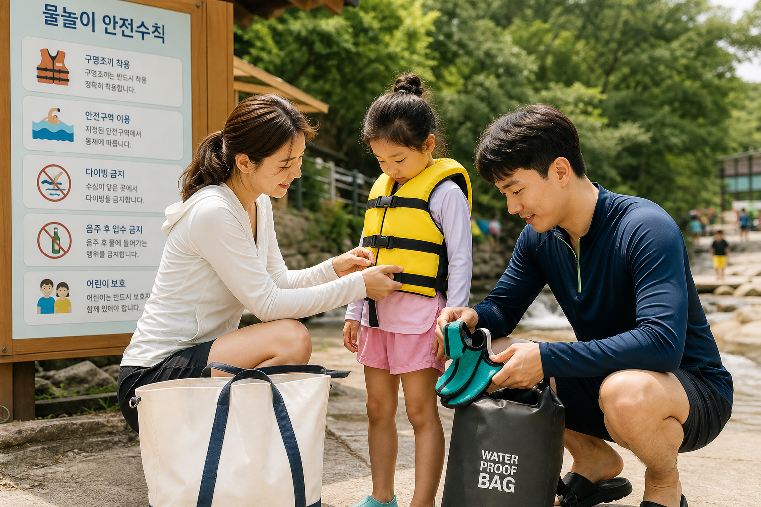 물놀이장 입구에서 안전장비를 점검하는 가족