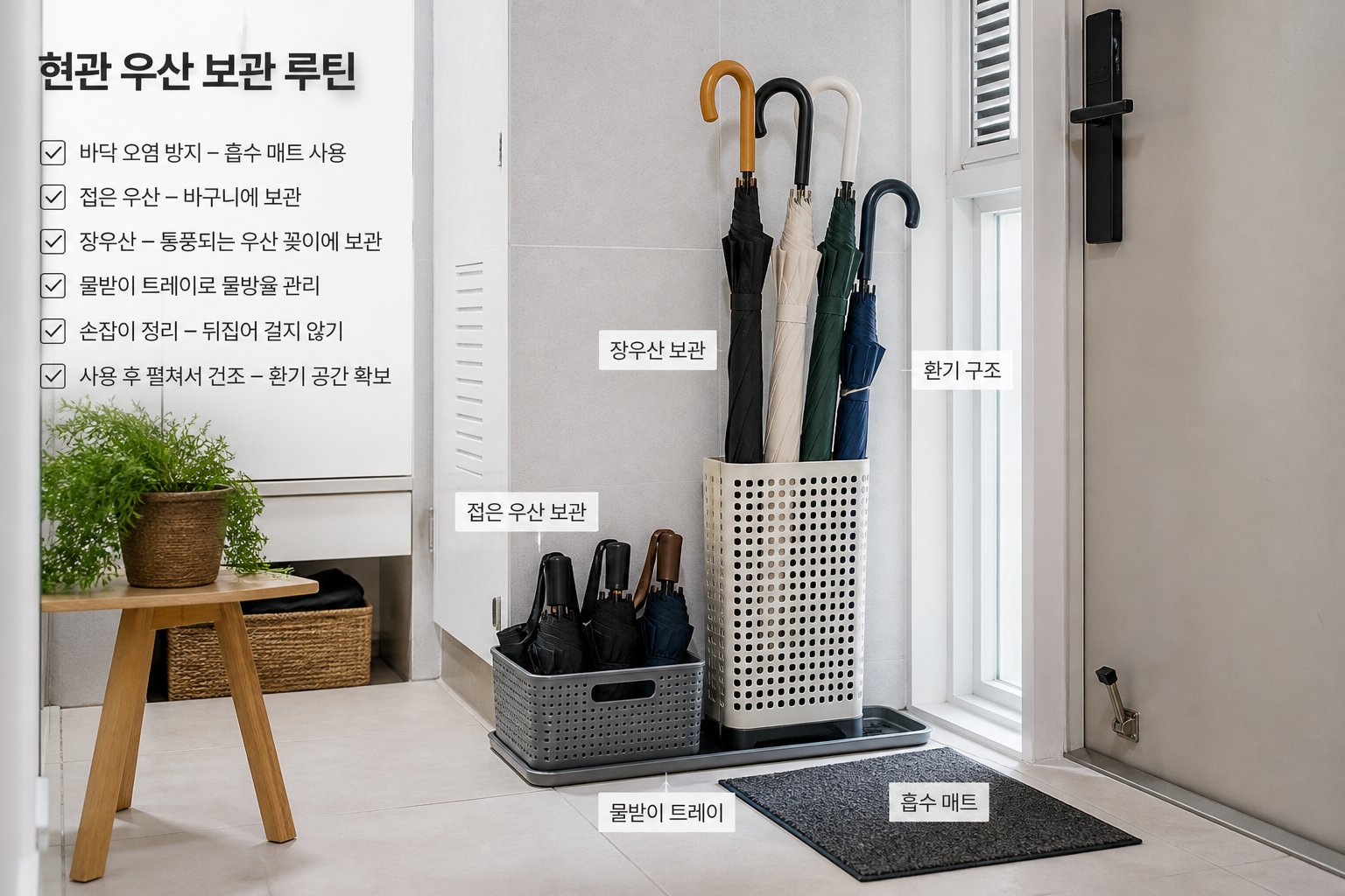 현관 우산 보관 루틴과 바닥 물기 관리가 잘 된 정리 예시