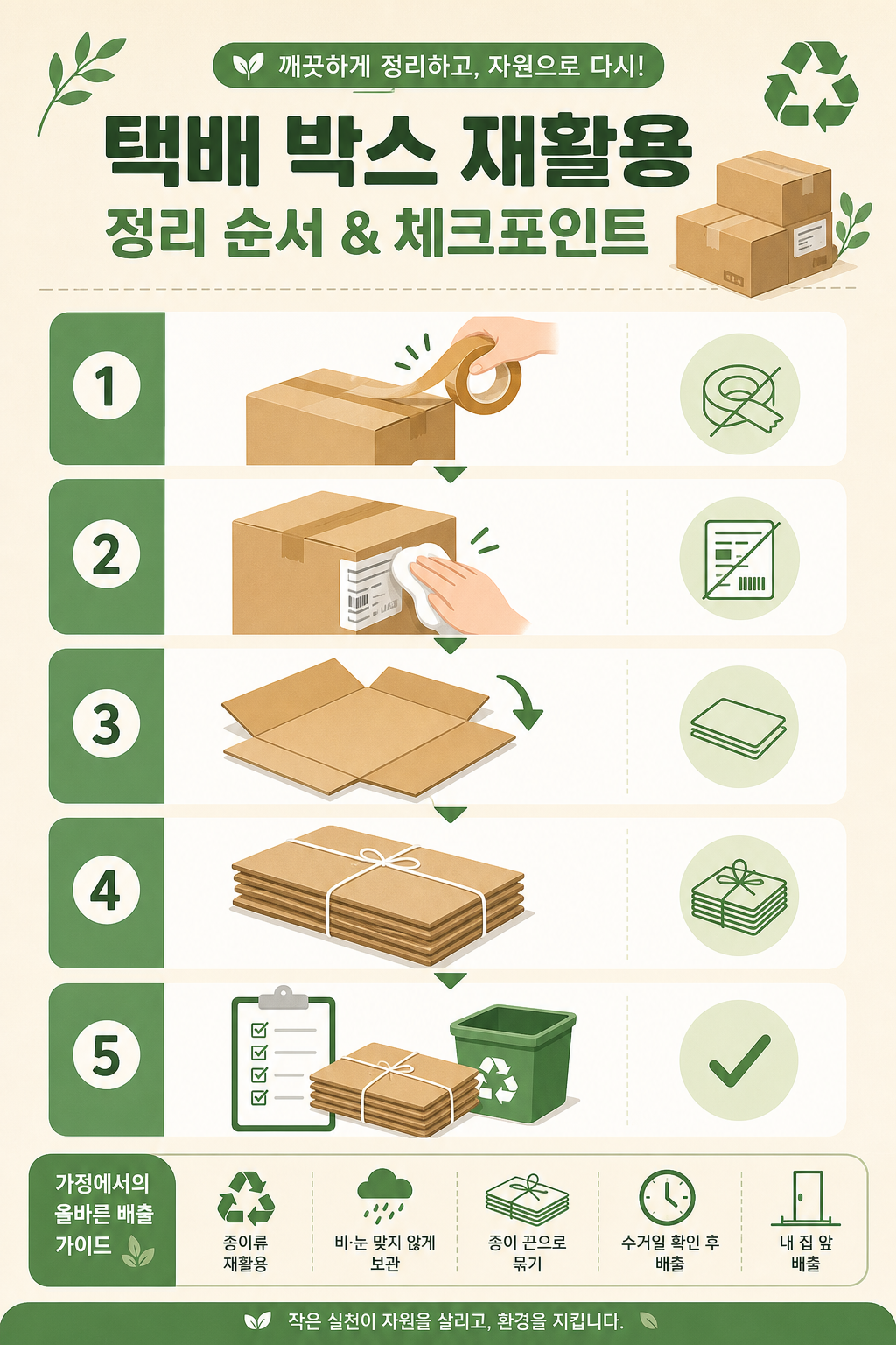 택배 박스 재활용 정리 순서를 보여주는 인포그래픽 카드