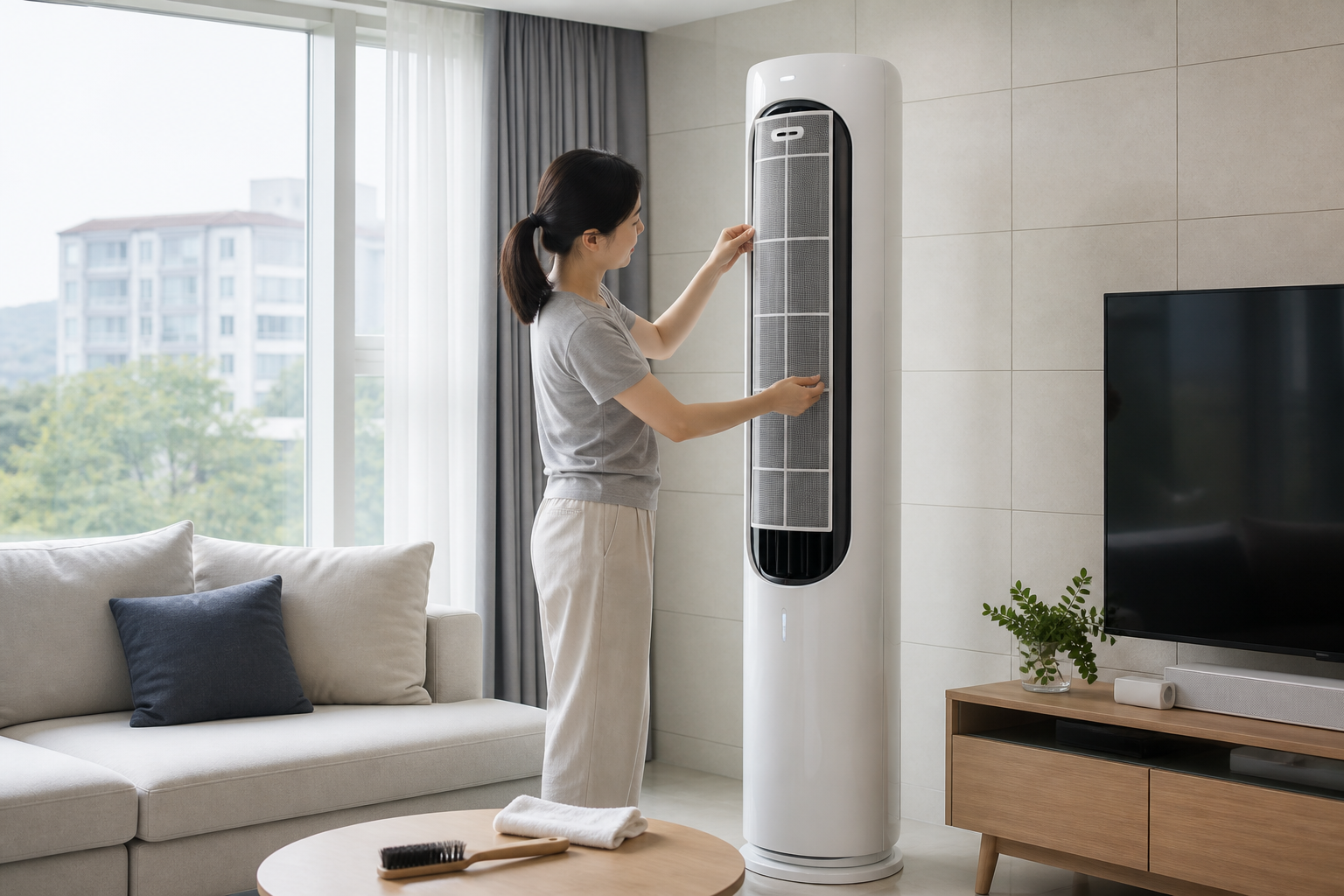LG 스탠드 에어컨 필터 청소를 준비하는 거실 장면
