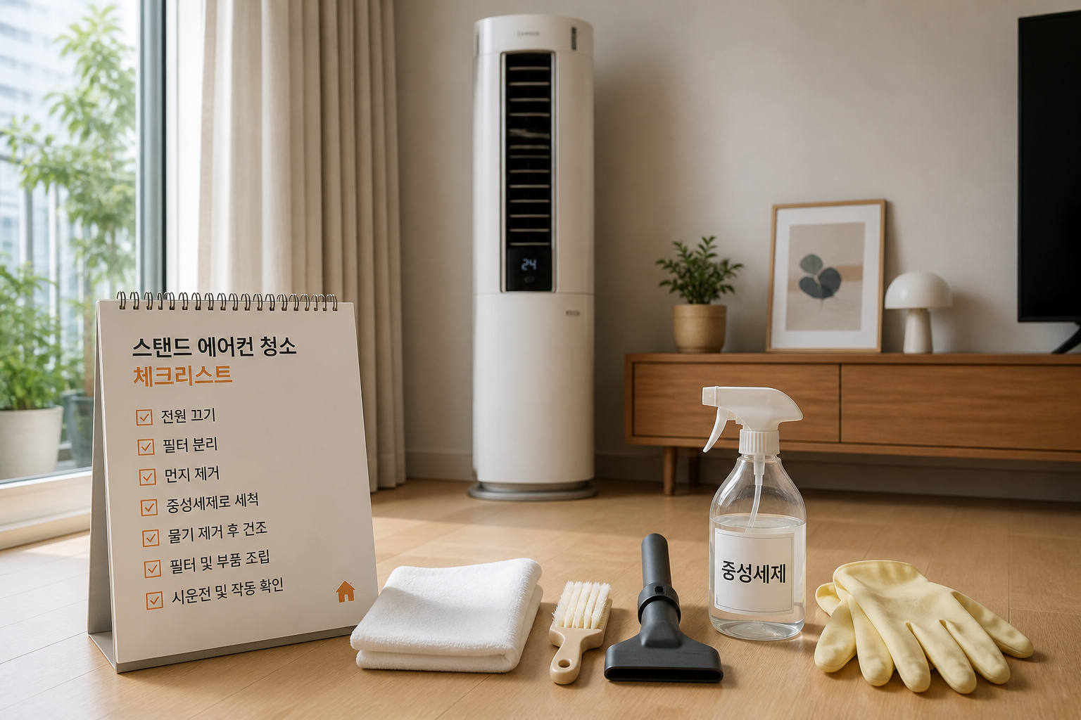 스탠드형 에어컨 청소 준비물과 체크리스트가 정리된 한국 가정의 거실 장면