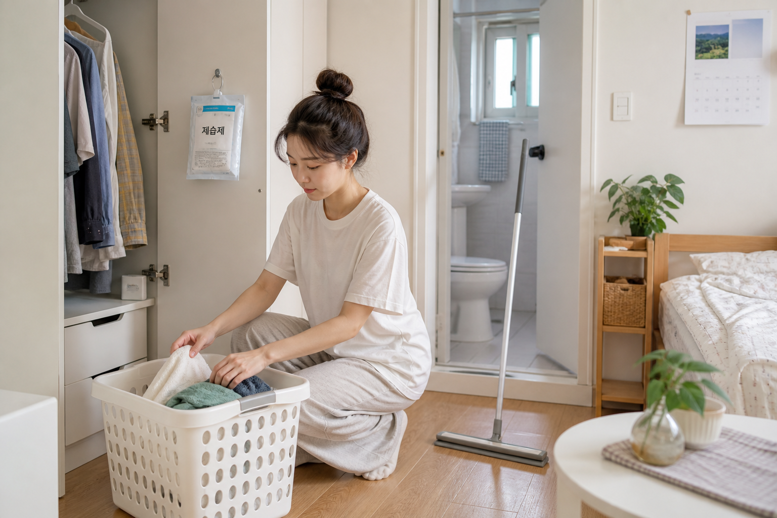 장마철 집안 관리 체크리스트를 실천하는 자취방 장면