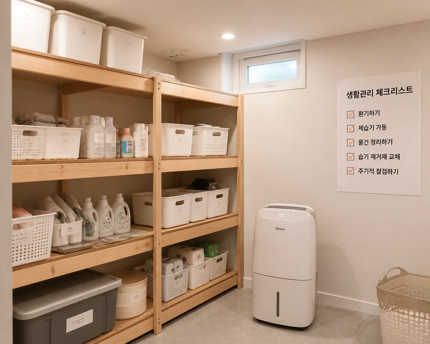 지하 곰팡이 냄새 제거 후 제습과 정리 상태