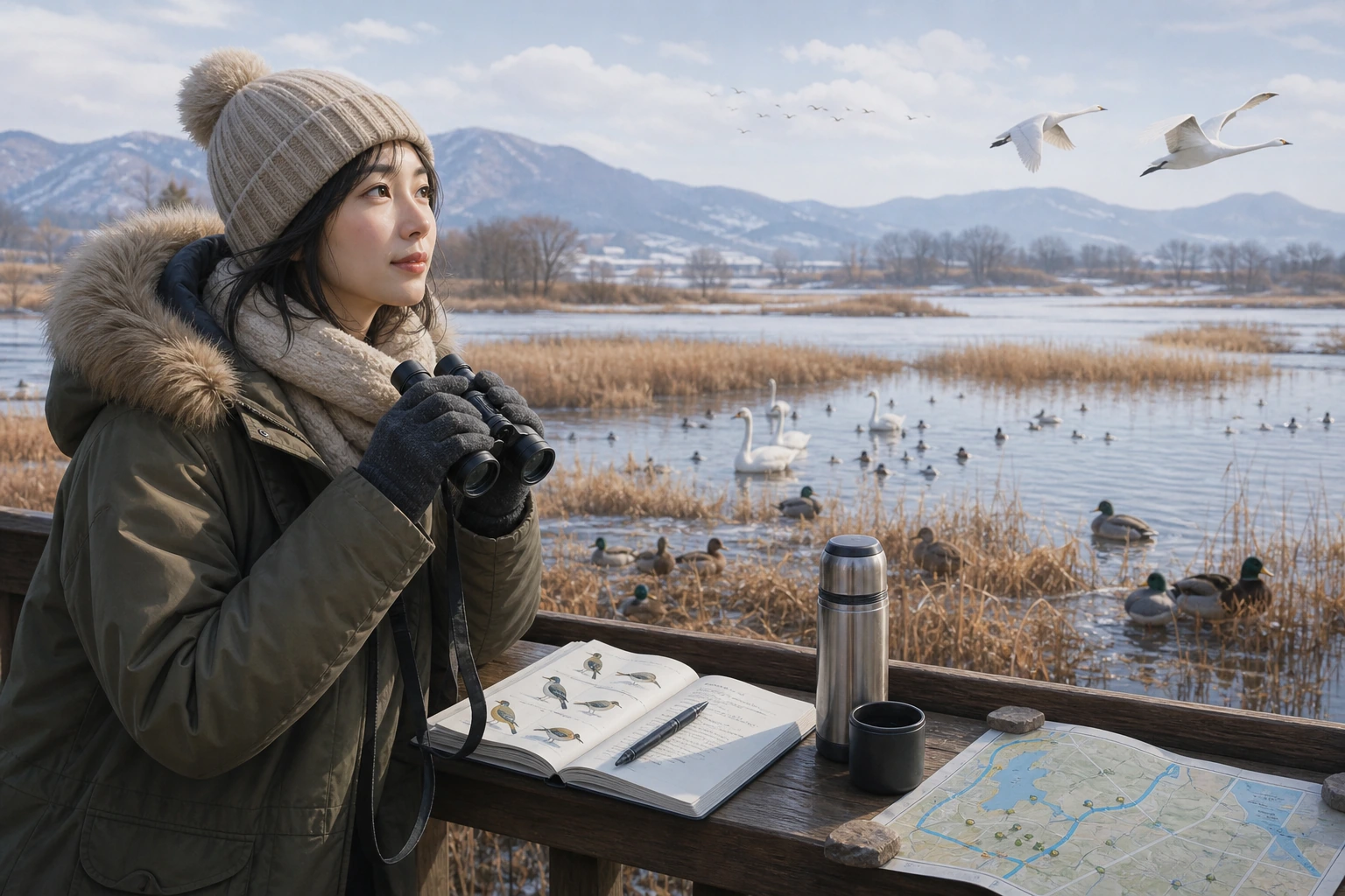 겨울철 조류 관찰 준비물과 체크리스트를 보여 주는 이미지