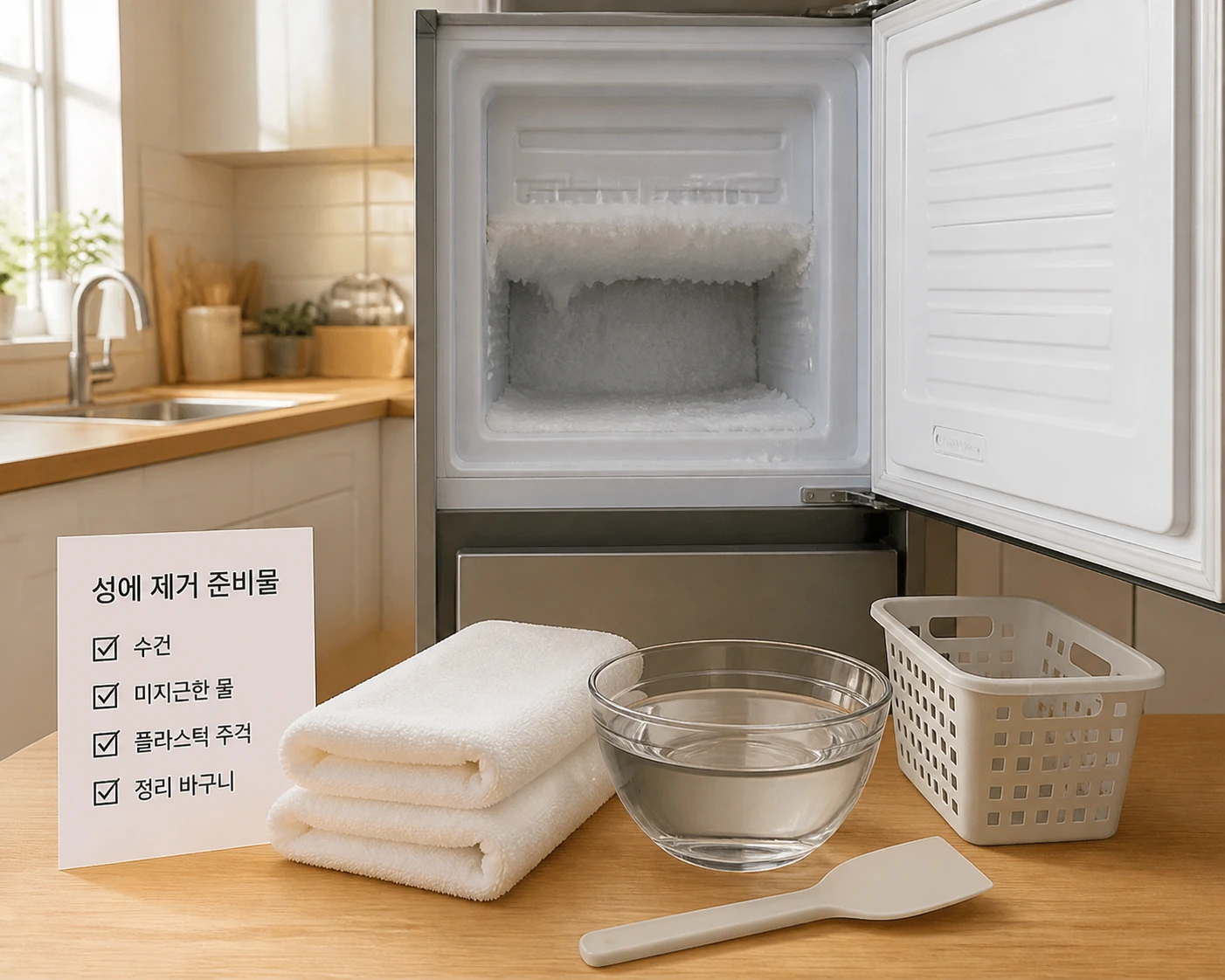 냉동실 성에 제거 준비물과 정리 장면