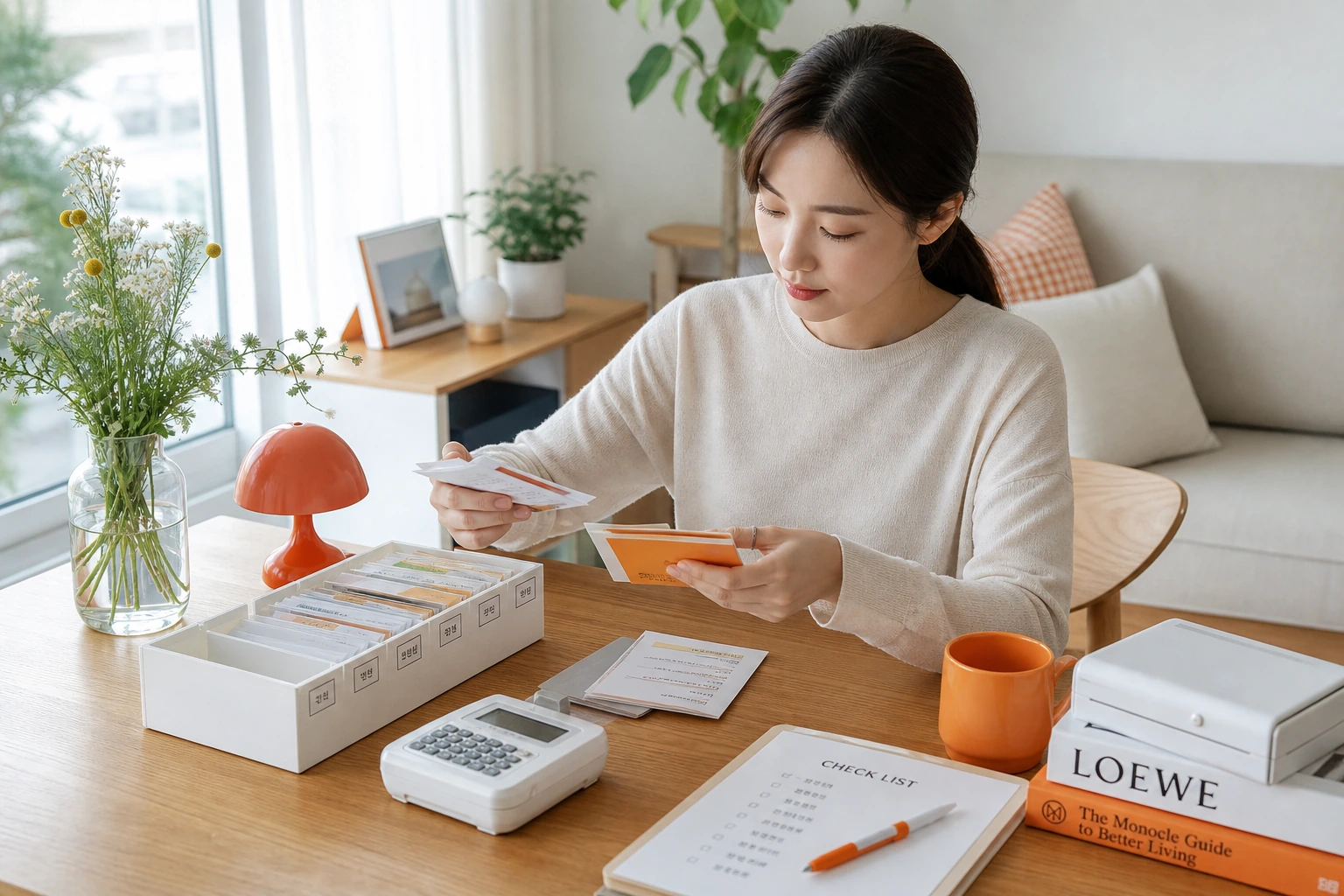 거실 책상에서 카드와 문서를 분류하며 체크리스트를 확인하는 장면