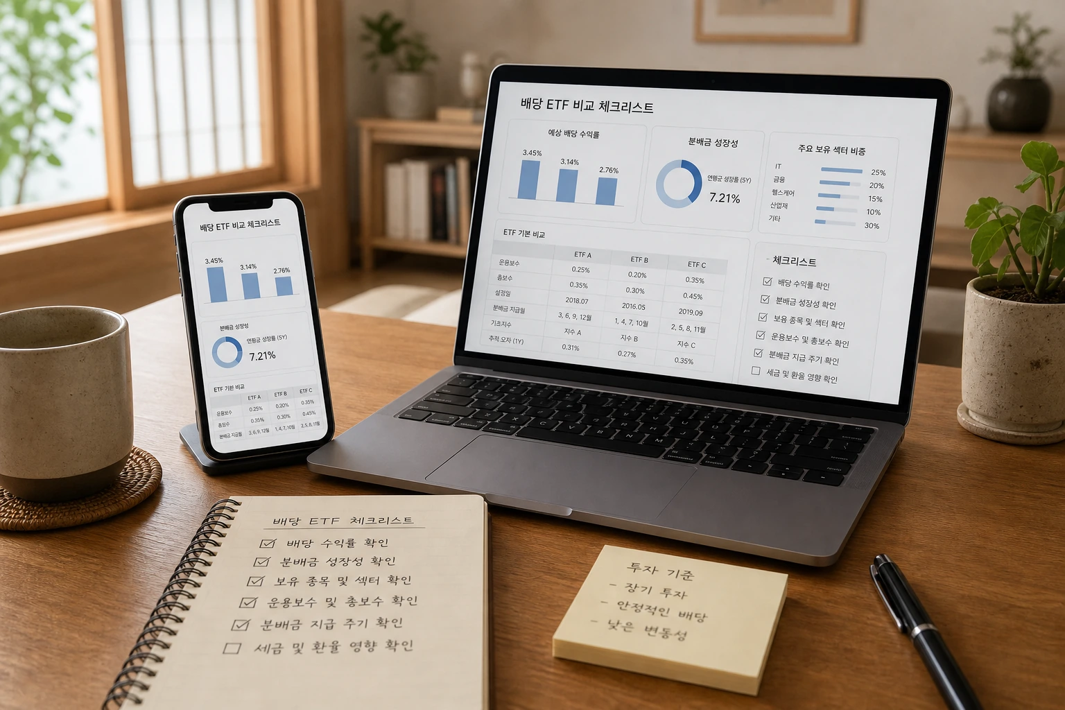 집에서 노트북과 스마트폰으로 SCHD 체크 포인트를 정리하는 모습