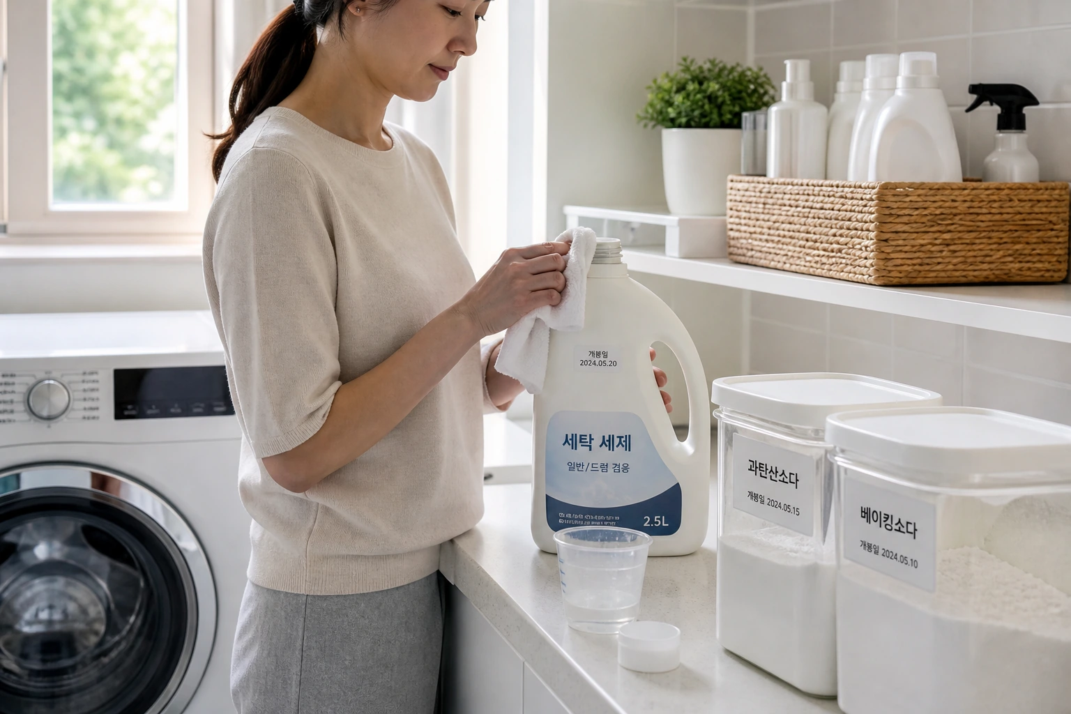 계량컵과 라벨을 붙인 용기, 마른 수건으로 세제 입구를 닦는 세탁실 관리 장면
