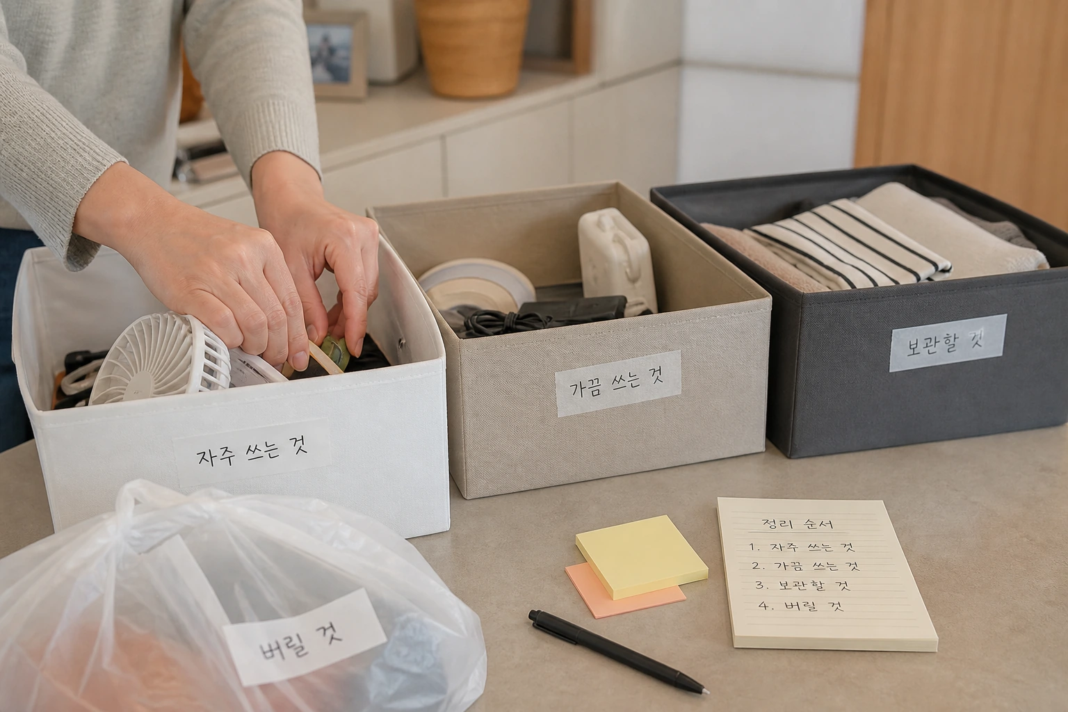분류용 상자 3개에 생활용품을 쓰임새별로 나누어 담는 정리 준비 장면