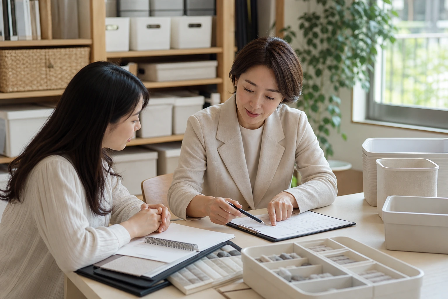 수납 정리 전문가 교육 기관의 과정 비교와 점검 순서를 설명하는 구간에 어울리는 이미지로, 강사와 수강생이 체크리스트를 보며 상담하는 모습