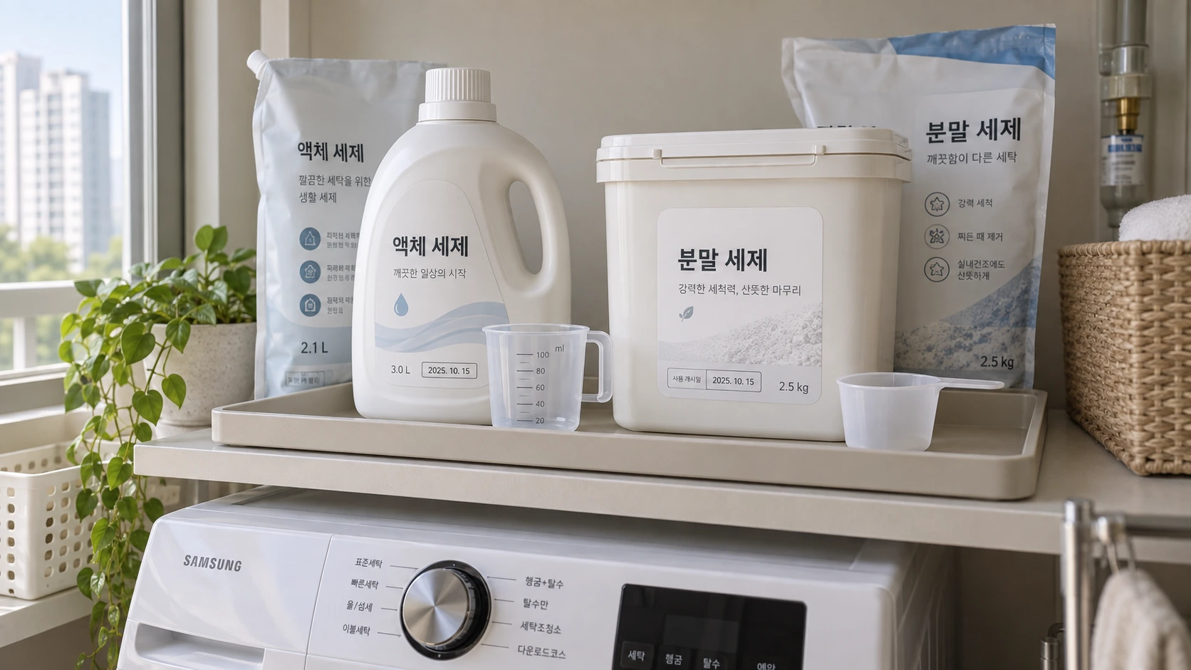 액체·분말 세제 구분 라벨을 붙인 용기와 눈금 계량컵, 마른 전용 스푼을 받침 트레이에 정리한 세탁실